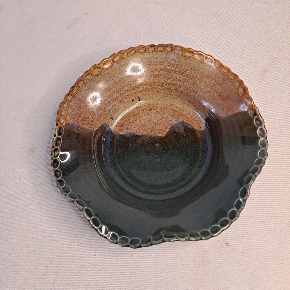 Handmade Studio Art Pottery Scalloped Bowl Marked BVP K2 Brown Blue 7-1/4" - Picture 2 of 7